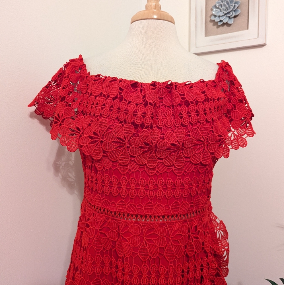 Lulu's Frill and Grace Lace Off The Shoulder Mini Dress Red XL - Picture 3 of 8